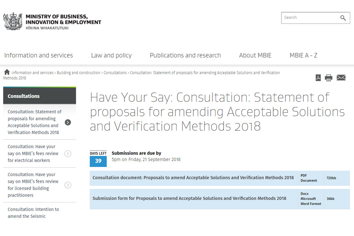 Call for comment: MBIE consultation for proposed changes to B1/VM1 and B2/AS1